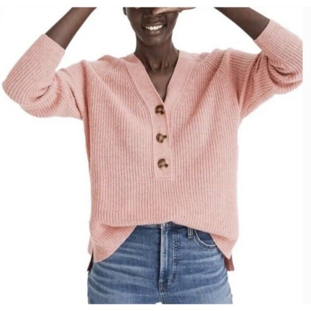 Madewell Women Lyle Ribbed Henley Sweater Size S Pink Merino Wool Blend V-Neck‎
